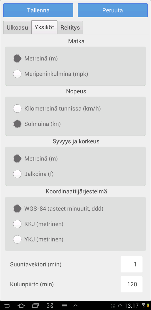 Suuntavektori Määrittää liikkeen ilmaisevan suuntavektorin pituuden minuutteina.