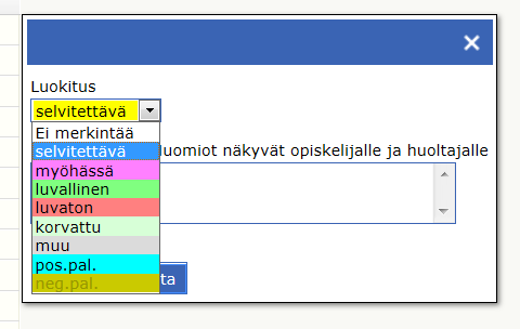 Poissaolojen merkitseminen Wilmaan Poissaolot merkitään Opetusryhmän Tuntimerkintöjen kautta. HUOM!