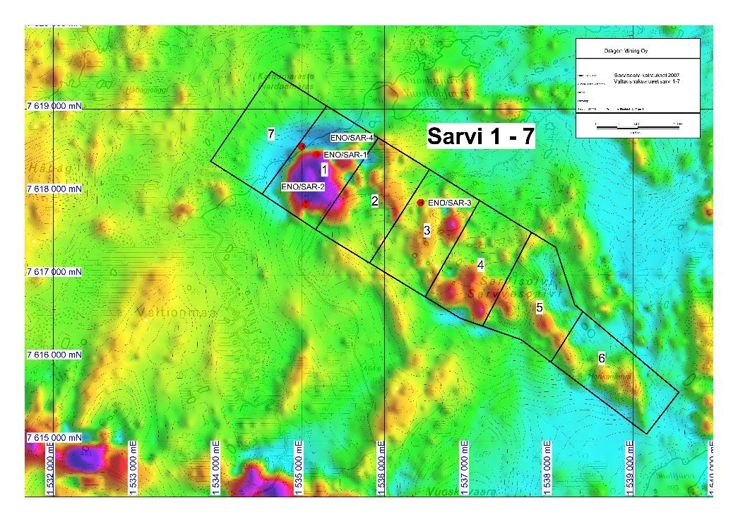 Kuva 4. Sarvisoaiville 2007 kairattujen timanttikairareikien ENO/SAR 1-4 sijainnit valtaushakualueilla. Figure 4. Locations of the diamond drill holes ENO/SAR 1-4 drilled in 2007 in Sarvisoaivi.