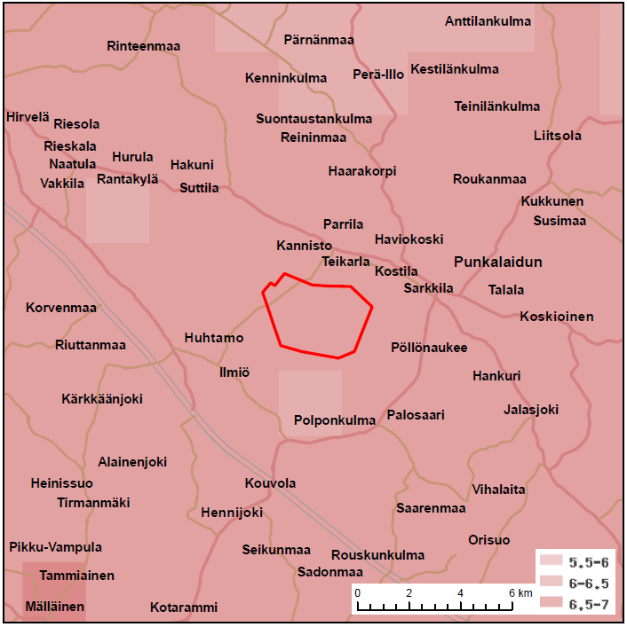 Kuva 11. Tuulisuus 100 metrin korkeudella maanpinnasta tuulivoimaosayleiskaavan alueella (Suomen tuuliatlas 20