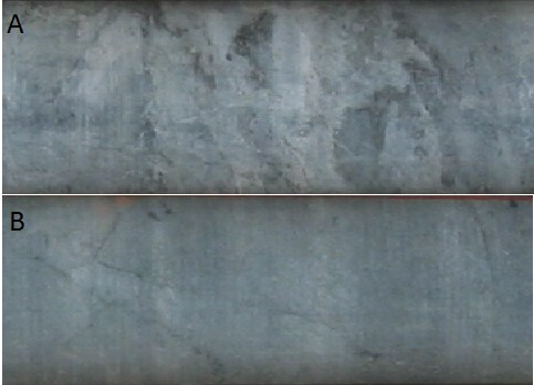 Kuva 9. Kairasydän kuvia. A Laavavirtausten välistä trakyandesiittista breksiaa syvyydellä 308,90 m.