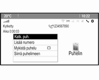 Puhelin 67 Hyväksy puhelu valitsemalla Vastaa. Hylkää puhelu valitsemalla Hylkää. Toiminnot puhelun aikana Puhelun aikana näytössä näkyy tulevien puhelujen näkymä.