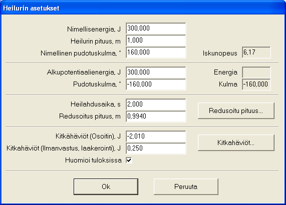 4 Asetukset 4.1 Heilurin asetukset Ikkunassa määritellään iskuvasaraan liittyvät vakiot. Kentät Testausaikaa lukuunottamatta kentät ovat käyttäjät vapaasti käsiteltävissä.