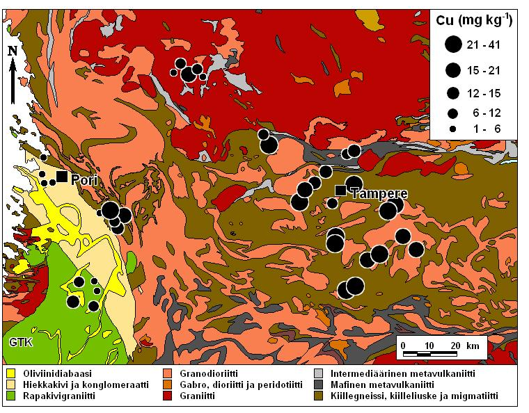 24 Kuva 10. Pohjamaan kuparipitoisuudet tutkimusalueella.