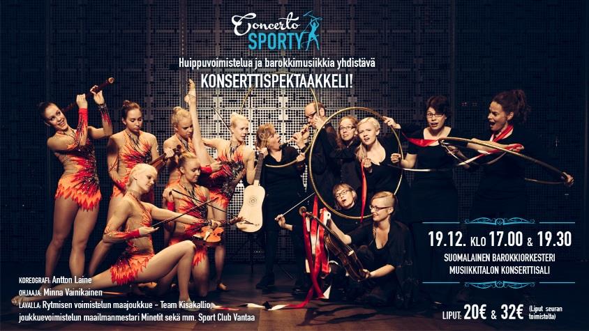 Concerto Sporty on ainutlaatuisella tavalla voimisteluosaamista ja barokkimusiikkia Helsingin Musiikkitalossa yhdistävä konserttispektaakkeli, jossa valloittava barokkimusiikki ja menestyneen