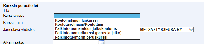 Suomen Kennelliitto ry. 28.12.2015 6(20) Kurssien anojat ja kurssityypit Kurssityyppien luettelo Anottavat kurssityypit on määritelty Omakoira-järjestelmän ohjaustietoihin.