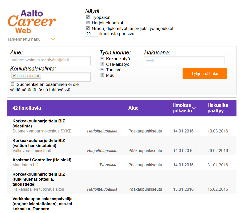 Aalto CareerWeb työpaikkaportaali kesätöiden tilanne ma 18