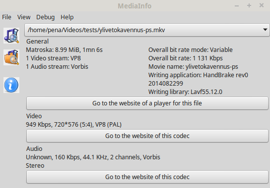 6. Testaus Multimedian kanssa operoiva tarvitsee työkalun joka kertoo kaiken olennaisen audio- ja videotiedostoista. Sellainen on Mediainfo.