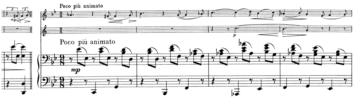 9 KUVIO 1 Brahmsin käyrätorvitrion tahdit 1-18 Poco più animato - jakson tempomerkintä on 9/8.