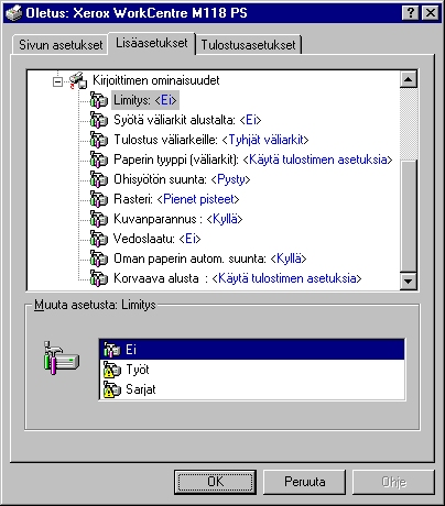 3 Käyttö Windows NT 4.0 -ympäristössä Lisäasetukset-välilehti Tässä kuvataan Lisäasetukset-välilehden Kirjoittimen ominaisuuksien asetukset.