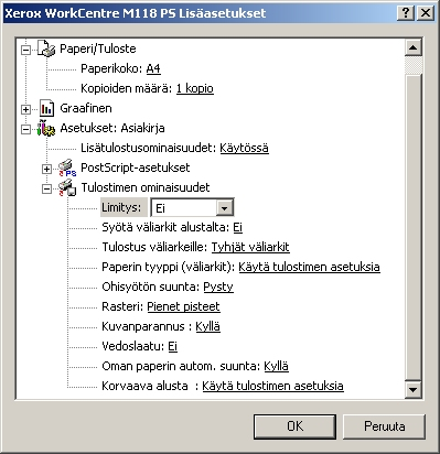 4 Käyttö järjestelmissä Windows 2000, Windows XP ja Windows Server 2003 Lisäasetukset-valintaikkuna Tässä kuvataan asetuksia Lisäasetukset-valintaikkunassa, joka näytetään, kun napsautetaan