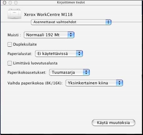 5 Käyttö Macintosh-tietokoneilla 2. Osoita [Konfiguroi]-painiketta. Näytölle tulee Asennettavat vaihtoehdot -luettelo. 3. Valitse asetukset ja osoita [OK]-painiketta.