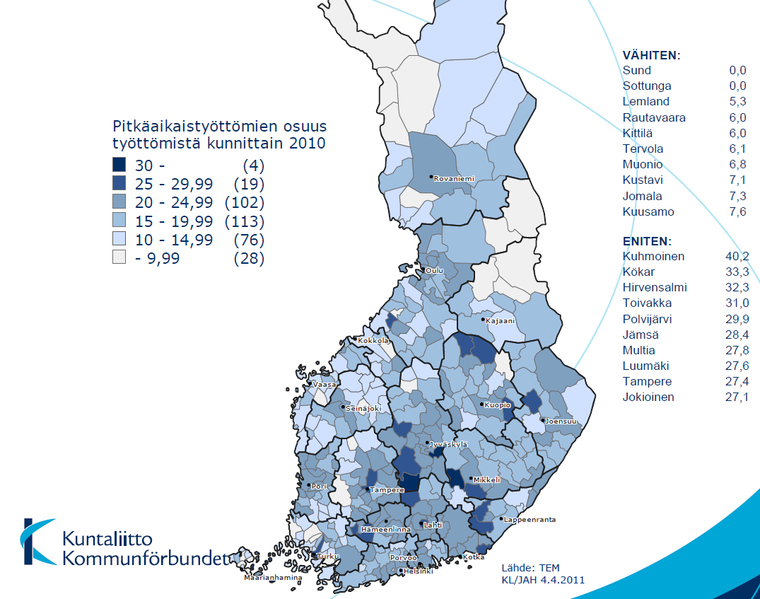 Pitkäaikaistyöttömien osuus työttömistä kunnittain