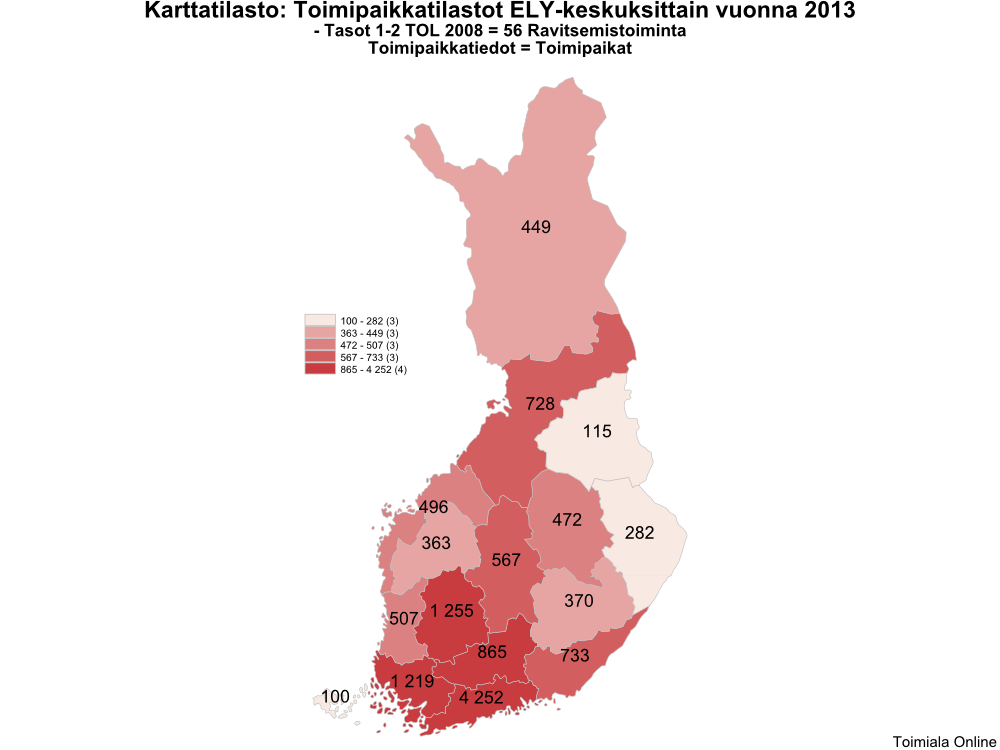 Kuvio 7. Ravitsemistoimialan (TOL 56) yritysten toimipaikkojen määrä v. 2013.