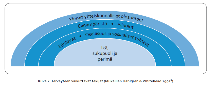 Hyvinvointiin ja terveyteen vaikuttavat Mitä ulommalle kehälle kuvassa mennään, sitä vähemmän