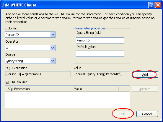 ASP.NET Data Binding 11 (34) 7. Valitset sähköposti listasta Smart tag Configure Data Source. Muuta SQL-lauseen where ehtoa seuraavasti.