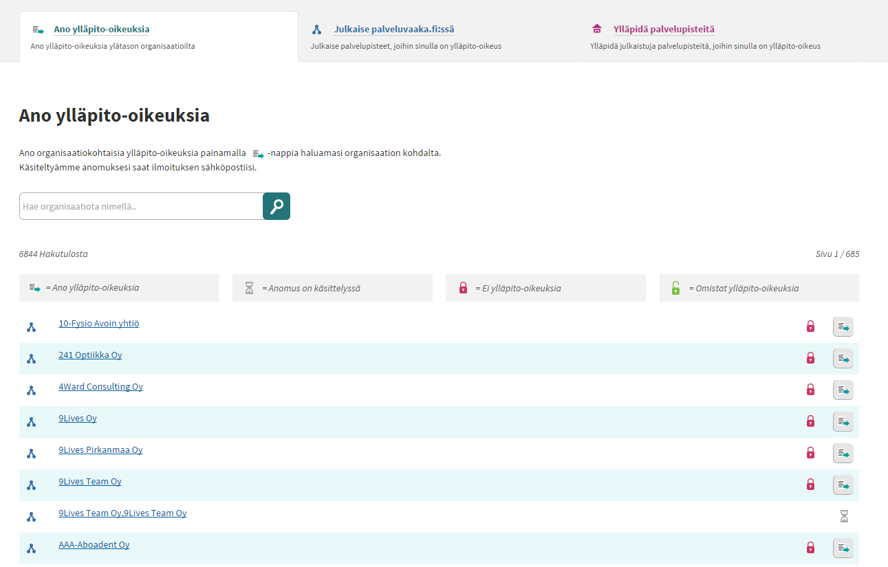 5. Ano ylläpito-oikeuksia Ensimmäisellä kirjautumiskerralla käyttäjä anoo organisaatiokohtaista ylläpito-oikeutta organisaatioon kaikkiin palvelupisteisiin Ano ylläpito-oikeuksia -välilehdeltä.