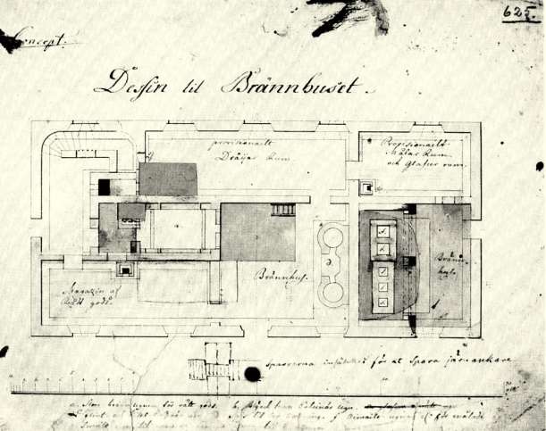 Fajanssitehtaan malli n. 1790 /7/ Herttoniemen tehtaan suunnitelma 1. Raakapolttouuni 2. Lyijyn, tinan ja piikiven kalsinointiuunit 3.