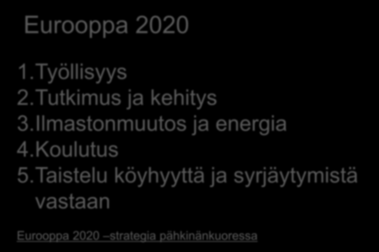 Erasmus+ taustaa Eurooppa 2020 1.Työllisyys 2.Tutkimus ja kehitys 3.Ilmastonmuutos ja energia 4.