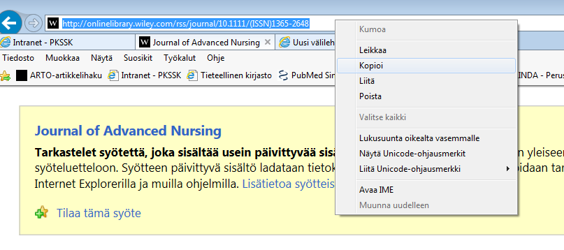 OHJE 2 (7) 3. Klikkaa RSS -kuvaketta [eri sivustoilla kuvakkeet sijaitsevat eri paikoissa] 4.