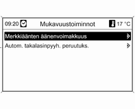 108 Mittarit ja käyttölaitteet Mukavuustoiminnot Merkkiäänten äänenvoimakkuus: Varoitusäänien äänenvoimakkuuden muuttaminen. Autom. takalasinpyyh. peruutuks.