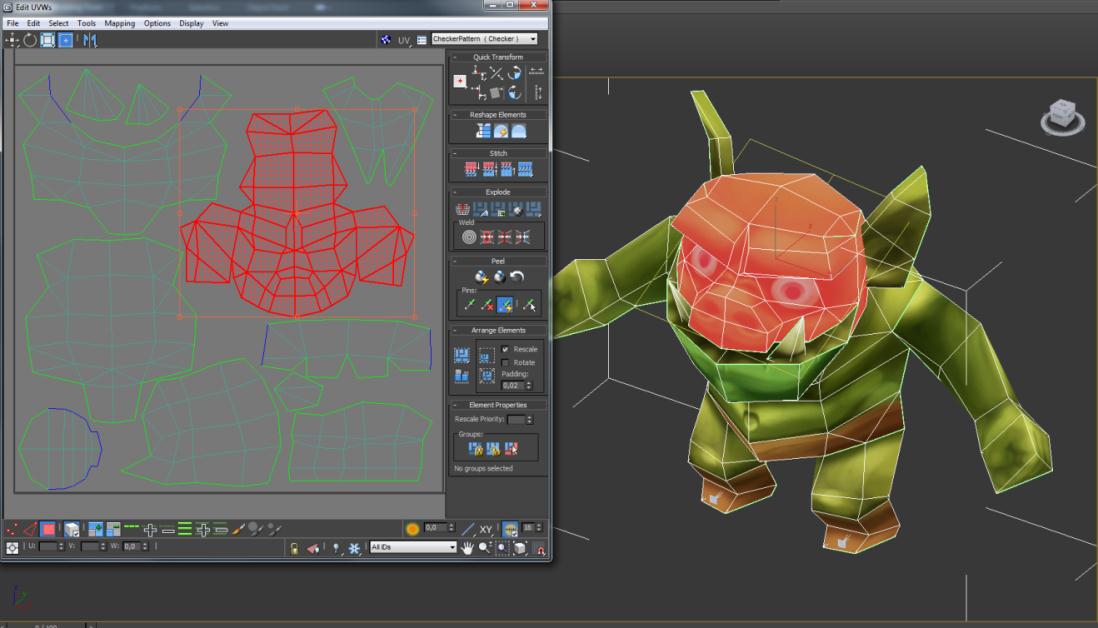 Mallikuvan ansiosta hahmon tekstuurit voidaan piirtää suoraan oikeisiin kohtiin. Kuvio 35. 3D Studio Maxin UV-mappausnäkymä. 9.
