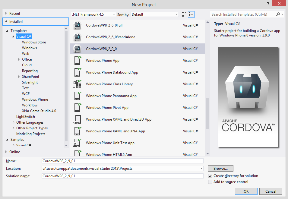 13 4.3.4 PhoneGap Windows Phone 8:lle sovelluksia PhoneGapilla kehitettäessä pitää Visual Studioon asentaa mallipohja, "template", jonka pohjalta Visual Studio osaa luoda projektin, jossa on kaikki