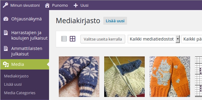 Ellei siellä ole sopivaa kuvaa, se on ensin siirrettävä omasta koneestasi Mediakirjastoon. Sivun yläosassa on Siirrä tiedostoja-nappi. Klikkaa sitä.