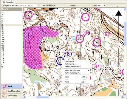 Helpoin tapa päästä muokkaamaan rastin (ja myöhemmin myös radan) ominaisuuksia on hiiren kakkospainikkeen avulla avautuva ponnahdusvalikko.