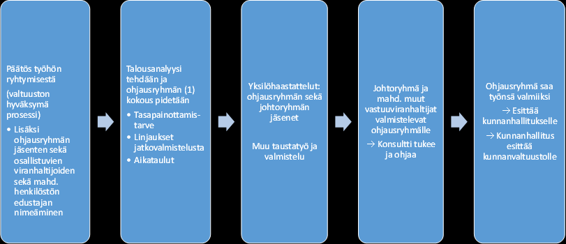 Hyväksytty sopeutusprosessi Ohjausryhmän nimeäminen ja järjestäytyminen Tasapainotustavoitteen asettaminen, keinovalikoiman hyväksyminen ohjausryhmä Prosessin hyväksyminen asetetuissa rajoissa