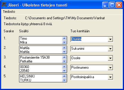 Tietojen tuonti Jäserissä on toiminto, jonka avulla rekisteriin voidaan tuoda tekstimuotoista, erotinmerkillä eroteltua jäsentietoa.
