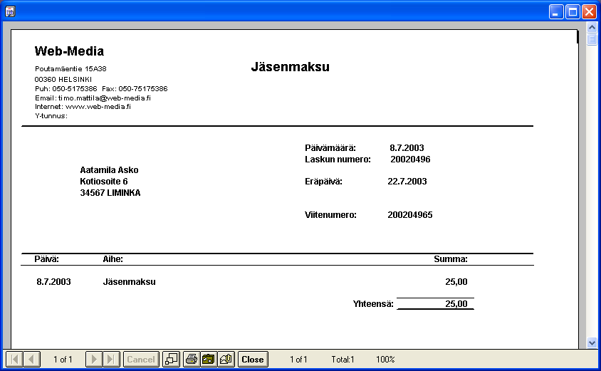 jonka sukunimi alkaa valitulla kirjaimella. Muut ikkunan kentät täytetään samoin kuin luotaessa laskuja kaikille jäsenille.