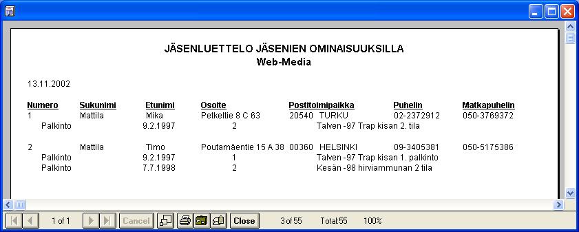 Esimerkki 3 - palkinnot Jäserin jäsenrekisterin ominaisuuksia voit käyttää myös jos seurassa halutaan rekisteröidä jäsenten saamat palkinnot, niiden laatu ja saantipäivämäärät.