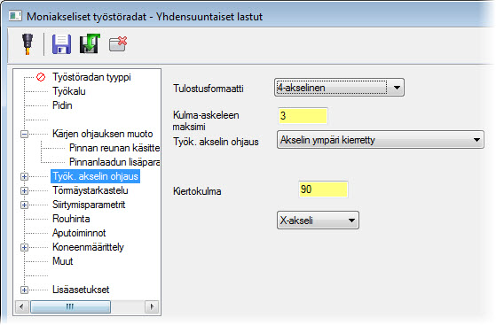 58 Työkalun akselin ohjaus ja Törmäystarkastelu Aseta Työkalun akselin ohjauksen valinnat seuraaviksi: 1 Valitse Tulostusformaatiksi 4-akselinen 2 Muut asetukset lukitsevat työkalun 90-asteen kulmaan