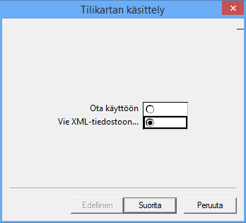 Otsikkotietojen valinnalla 1 Valitulta yritykseltä luetaan valitun yrityksen tilikartta tähän toimintoon, jotta sen voisi tämän jälkeen viedä XML-tiedostoon luettavaksi toiseen yritykseen