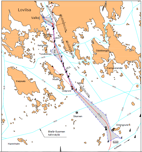 Liite Loviisan väyläkortti, johon on merkitty kyselystä saatuja huomautuksia väylästä. -Väylän pohjoispään käännökset hankalia suuremmille aluksille jos noudatetaan linjamerkintää.