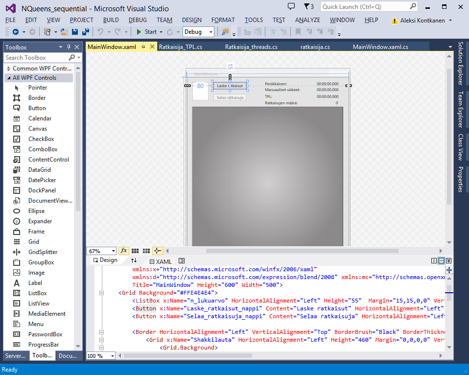 6 Kuvio 1. Visual Studio-ohjelmointiympäristö Visual Studiossa voi käyttää graafisen käyttöliittymän luomiseen kahta eri tapaa. Ensimmäinen tapa on luoda käyttöliittymän elementit C#- ohjelmakoodissa.