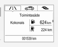 Toimintasäde, LPG-versio Näyttää kunkin polttoainesäiliön (LPG ja bensiini) arvioidun kokonaistoimintasäteen.