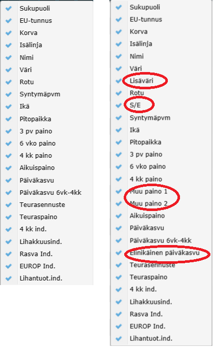 5 Eläimet listaus - vanhat sarakkeet uudet sarakkeet Lisäväri on eläimen väritykseen liittyvää lisätietoa, joka voidaan tallentaa Eläimen tiedot näytöllä eläimelle tai antaa karitsoinnin tallennuksen