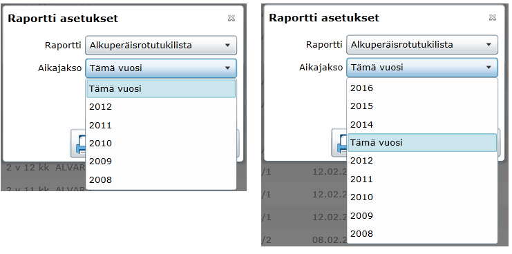 Uutta listalla on - raporttien hakuun alasvetovalikkoon on lisätty vuosia 2016 vuoteen asti hakemuksia varten 9 Uusi raportti: APR tilanne raportti Uutta Alkuperäisrotutukitilanneraporttia käytetään,