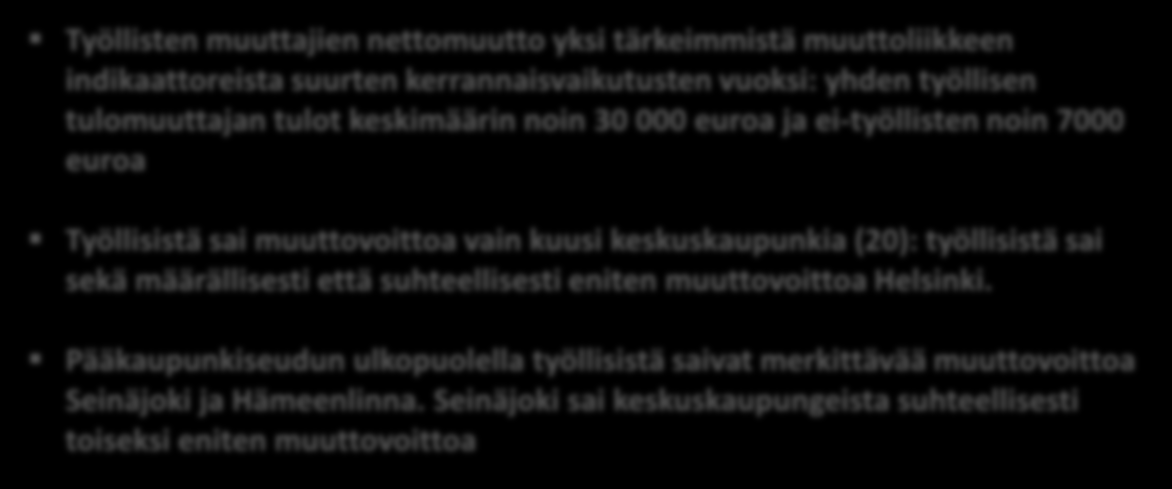 Työllisten muuttajien nettomuutto määrällisesti keskuskaupungeissa vuosina 2009-2013 3000 2600 2200 10503 Työllisten muuttajien nettomuutto yksi tärkeimmistä muuttoliikkeen indikaattoreista suurten