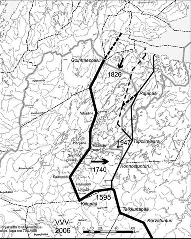 Inarista Jäämereen johtavat valtarajat Isovuono eli Karlebotn Täyssinän raja (1595) Ruotsin ja Venäjän valtaraja Kallopää