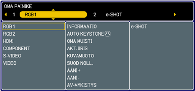 VALINNAT-Valikko VALINNAT-Valikko (jatkuu) Kohta OMA PAINIKE PALVELU (jatkuu seuraavalla sivulla) Kuvaus Tällä toiminnolla voi säätää kaukosäätimen painikkeet MY BUTTON 1 ja -2 seuraaville