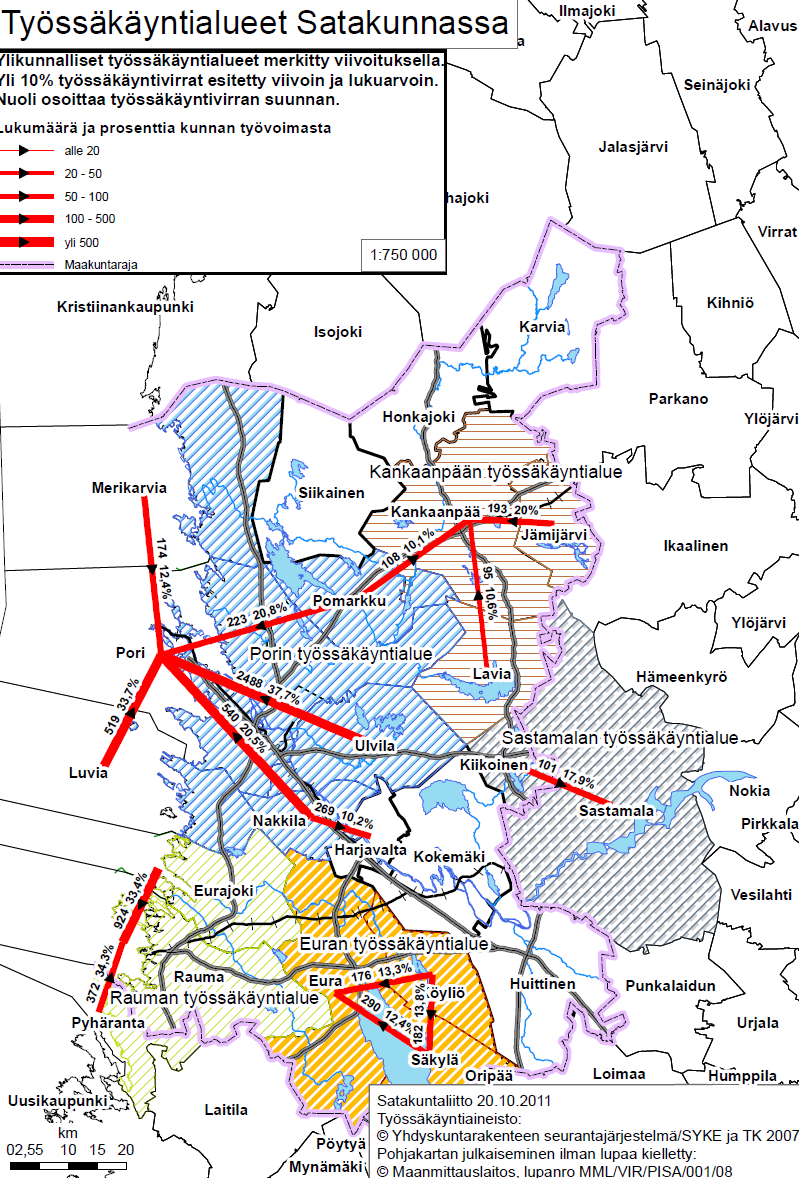 Työssäkäyntialueet Työssäkäyntialueet on määritelty tilastokeskuksen käyttämän pendelöintiprosentin (10 % ) mukaan. Kuvassa 14.