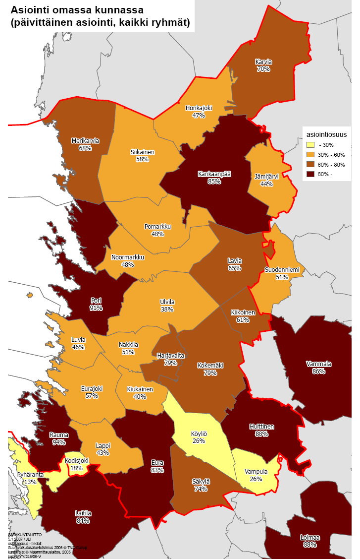 Satakunnassa merkittävin asiointikeskus on Pori, jonne on ensisijainen asiointisuuntaus kahdeksasta ja toissijainen viidestä kunnasta.