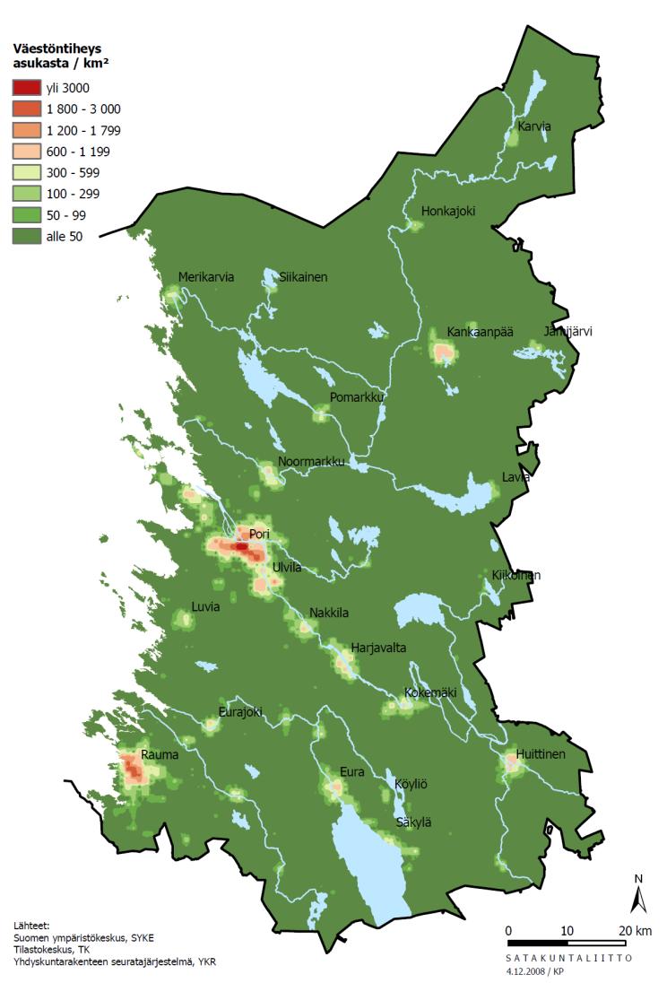 Asutuksen tiheys ja taajamaväestö Suurimpina väestökeskittyminä Satakunnassa erottuvat Pori ja Rauma.