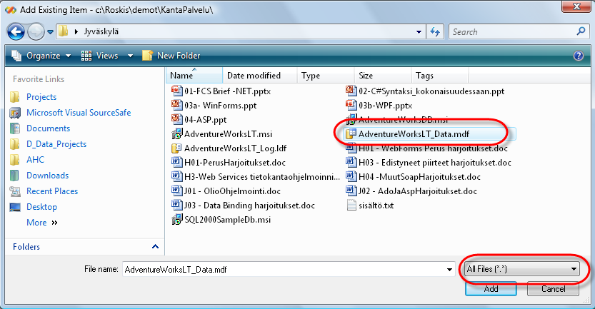 4 (22) 2.1. RClick (==Paina hiiren oikeaa) Solution Explorerissa App_Data hakemiston päällä > Add Existing Item, 2.2. valitse All Files, ja AdventureWorksLT_Data.mdf 3.