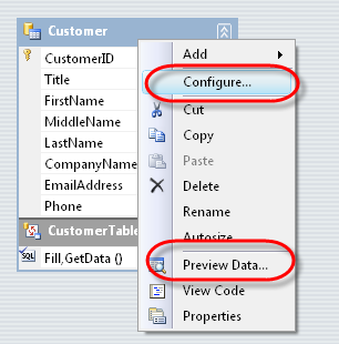 8 (22) 7. Voit tutkia TableAdapterin ominaisuuksia RClickaamalla Datasettiä ja valitsemalla Configure. Voit myös tutkia TableAdapterin palauttamaa dataa Preview Data -komennolla. 8.