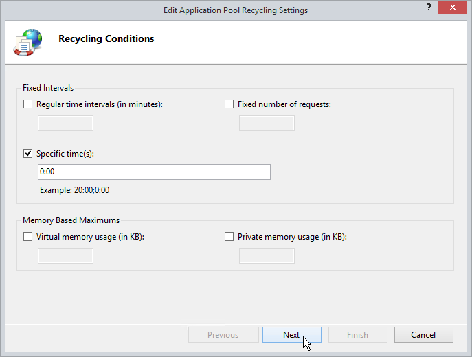 17. Auenneesta dialogista Edit Application Pool Recycling Settings otetaan mahdolliset muut valinnat pois ja asetetaan kohta Specific Time(s): valituksi.