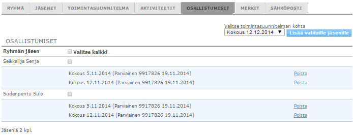 Osallistumiset kokouksiin 1) Osallistumiset välilehdellä voit lisätä ryhmän jäsenille kokouksen osallistumismerkinnän.